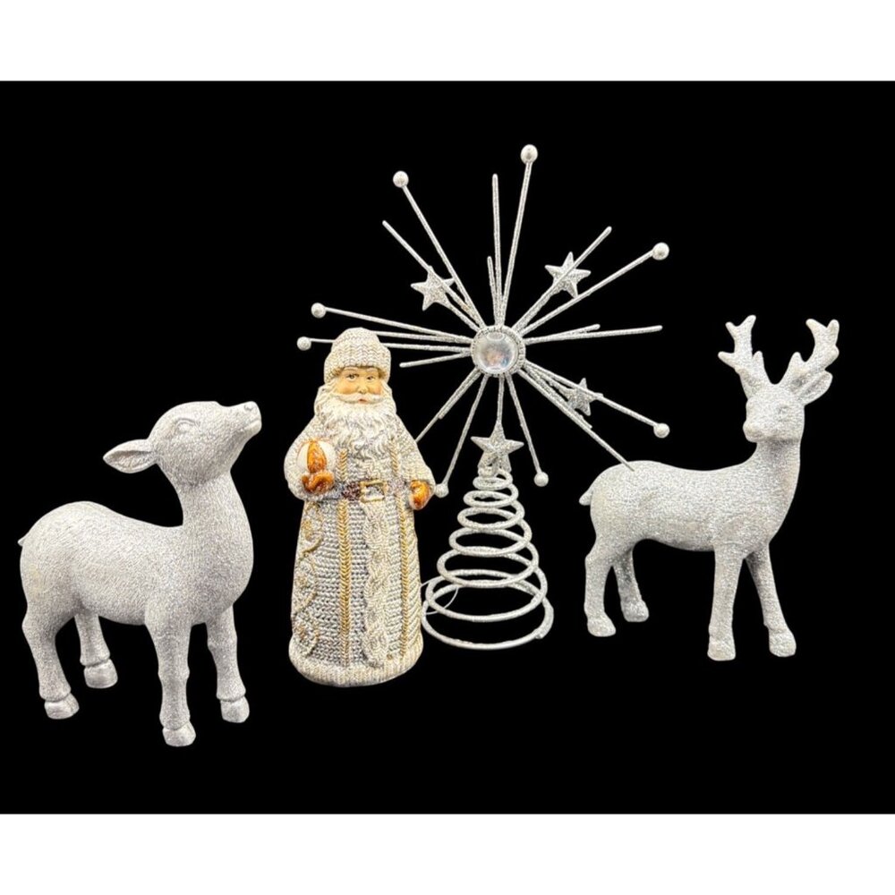 Vintage Glitter Silver Christmas Figurines Set w/ Santa, Reindeer, & Tree Topper - Picture 1 of 6